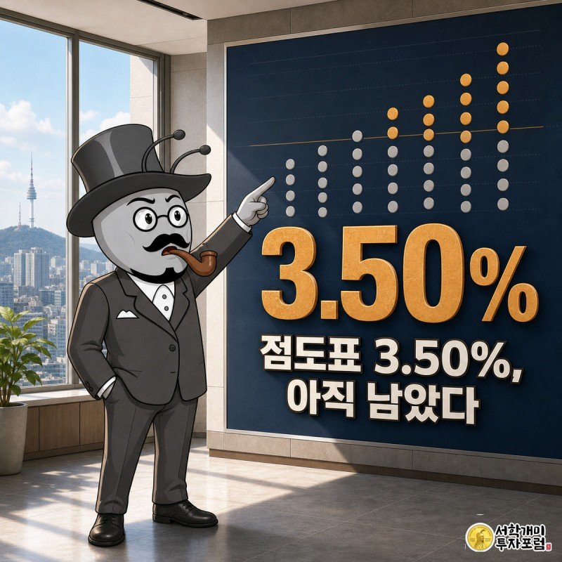 밝은 사무실에서 개미 캐릭터가 벽면 점도표 보드의 3.50% 지점을 가리키며 놀란 표정을 짓는 그림