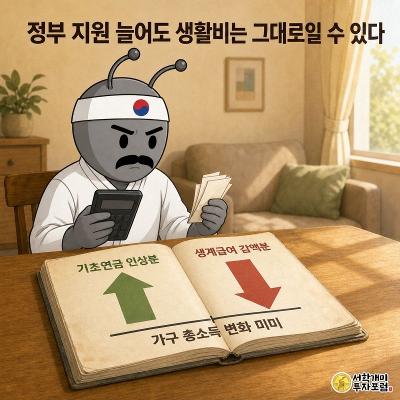 가계부의 기초연금 증가 칸과 생계급여 감소 칸을 나란히 비교하며 계산기를 두드리는 자녀 개미가 낭패한 표정을 짓는 장면