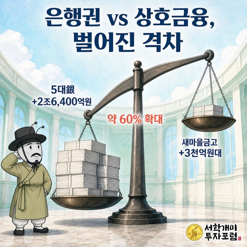 5대 은행과 상호금융 대출 목표치를 저울에 올려 비교하니 은행권 쪽으로 크게 기우는 장면