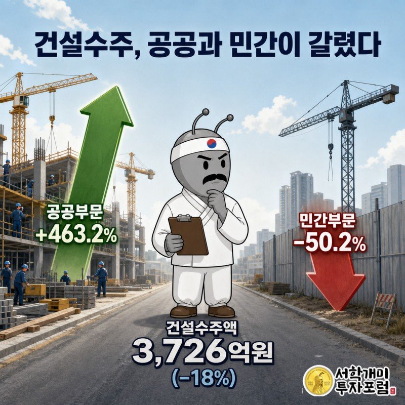 활발한 공공발주 건설현장과 멈춰선 민간 건설현장을 좌우로 놓고 개미가 클립보드를 든 채 당혹스러운 표정으로 비교하는 인포그래픽
