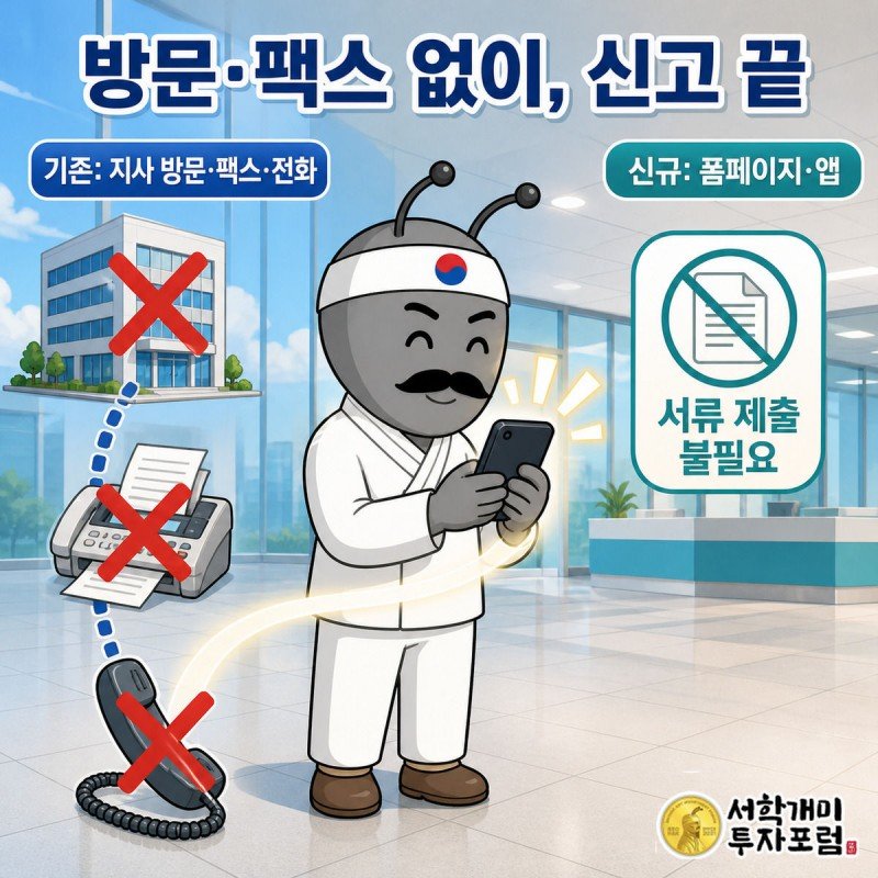 지사 방문, 팩스, 전화 아이콘에 X표가 되고 개미 캐릭터가 스마트폰으로 온라인 신고 화면을 보며 만족하는 모습