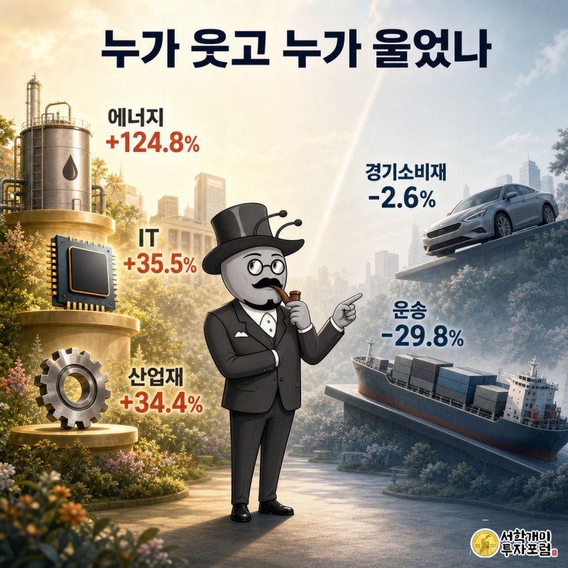 밝은 쪽에서 웃으며 깃발을 든 에너지·IT 업종 개미들과 흐린 쪽에서 어깨 처진 경기소비재·운송 업종 개미들이 대비되는 장면
