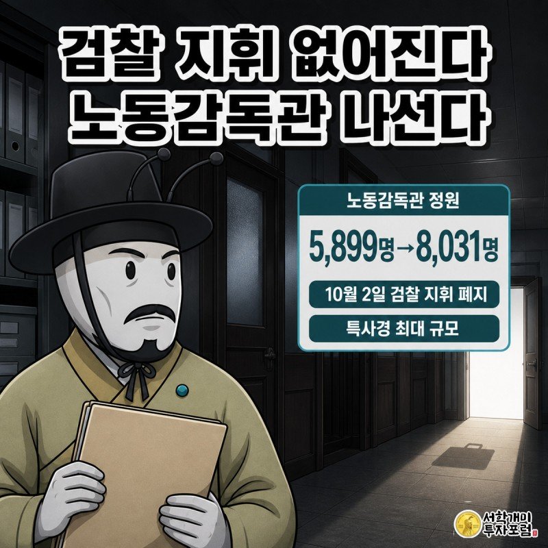 검찰 개입 없이 홀로 서게 된 노동감독관 개미가 긴장한 표정으로 사건기록철을 쥐고 있고, 옆에는 인원 증가 수치가 담긴 데이터 위젯이 놓여 있다.