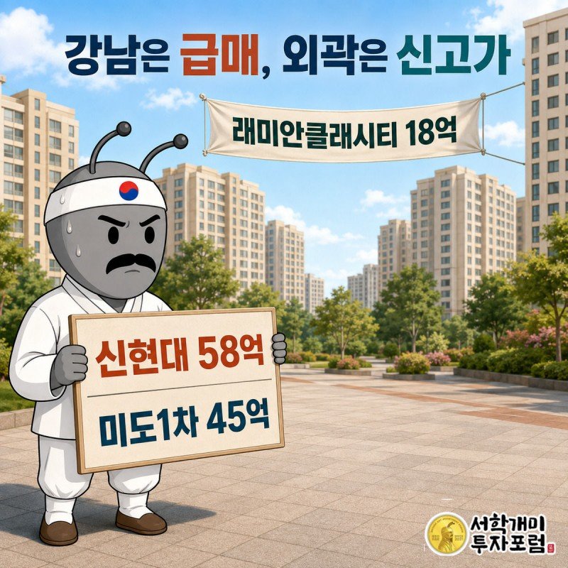 강남 급매 팻말 가격을 낮추며 진땀 흘리는 부자개미 뒤로 외곽 아파트의 신고가 현수막이 빛난다