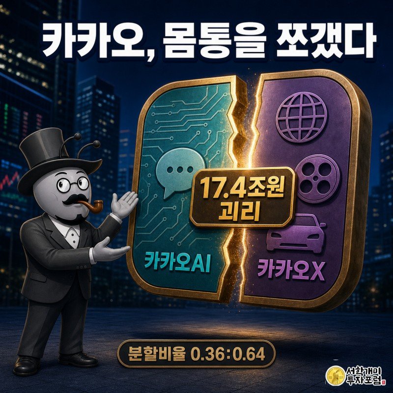 거대한 카카오 동전이 청록빛 카카오AI와 보라빛 카카오X로 갈라지고 개미가 놀란 표정으로 그 틈을 붙잡고 있는 모습