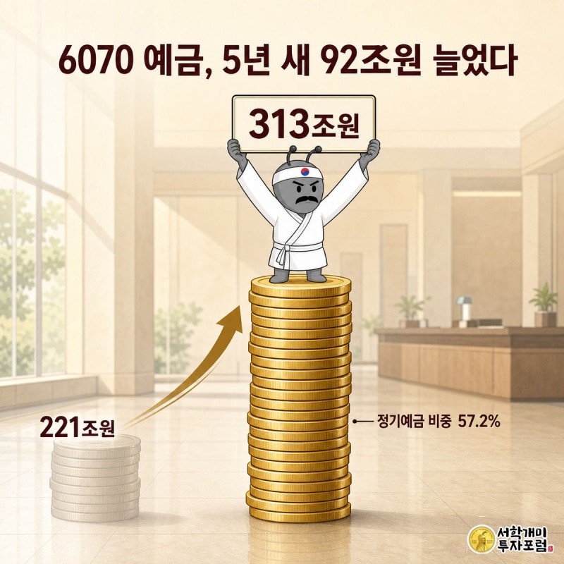 시니어 개미가 2021년의 낮은 동전탑 옆에 훨씬 높이 쌓인 2026년 동전탑 꼭대기에 올라 313조원 팻말을 들어올리는 모습