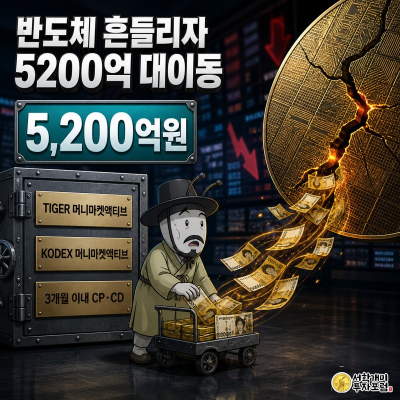 균열이 간 거대한 반도체 웨이퍼에서 지폐가 쏟아져 나오고 개미가 수레에 돈을 담아 금고 위젯 쪽으로 옮기며 불안한 표정으로 돌아보는 모습
