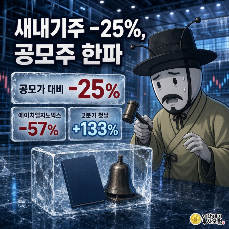 얼음 속에 갇힌 공모주 청약 통장과 상장 종을 개미가 망치로 두드리다 낭패한 표정을 짓고, -25% 숫자 위젯이 함께 표시된 정보 일러스트
