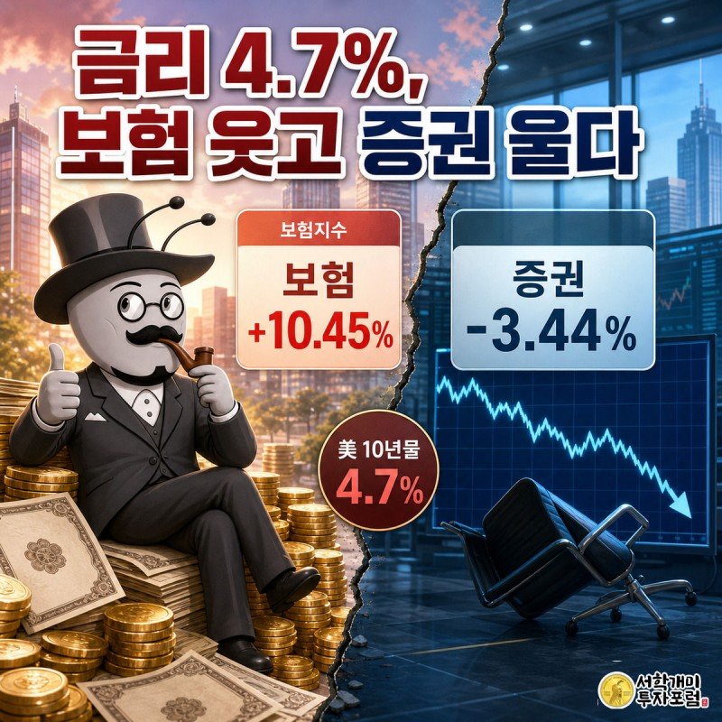 화면을 대각선으로 갈라 왼쪽엔 동전 더미 위에서 웃는 개미와 보험지수 상승 수치, 오른쪽엔 하락 그래프 앞에서 낙담한 개미와 증권지수 하락 수치를 나란히 그린 그림