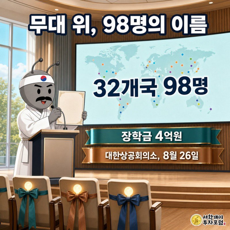 대한상공회의소 수여식 무대에서 이중근 이사장 개미가 유학생 개미들에게 장학증서를 건네고 뒤 스크린에 32개국 98명이 표시된 그림