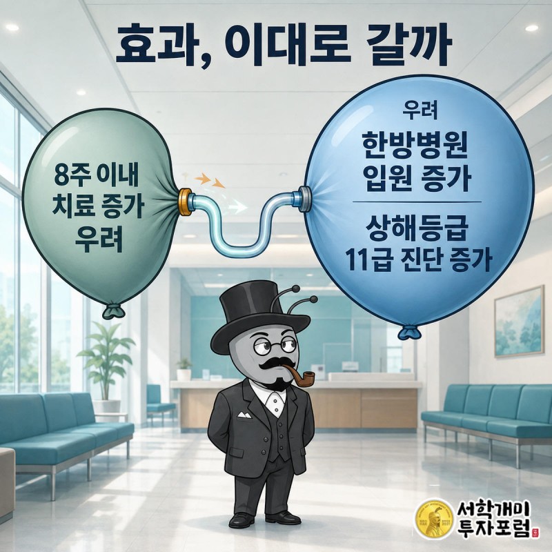 서민개미가 병원 창구에서 눌린 풍선과 부풀어 오른 풍선을 번갈아 바라보며 의심하는 모습