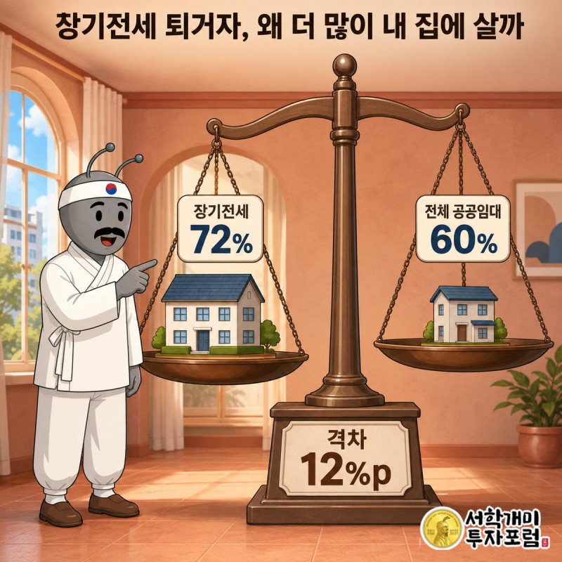 저울 왼쪽에 놓인 72% 집 모형 쪽으로 기울고 개미가 놀란 표정으로 가리키는 비교 장면
