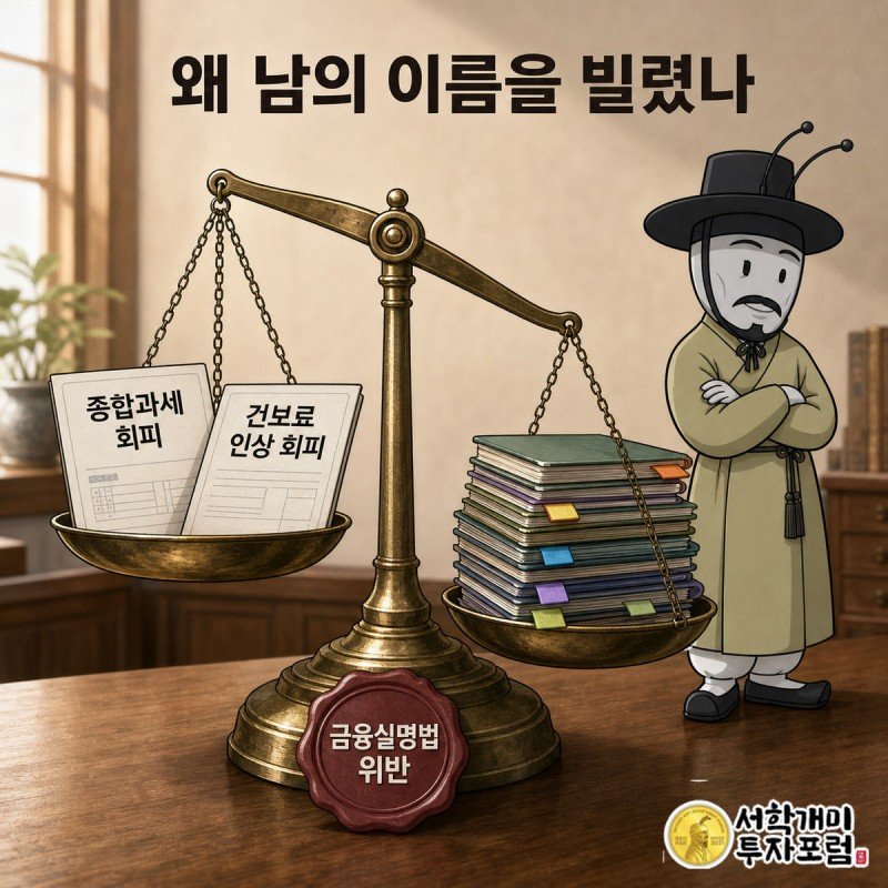 저울 왼쪽엔 세금·건보료 고지서, 오른쪽엔 차명 통장 더미가 놓여 기울어 있고 부자개미가 흡족하게 바라보는 비교 그림