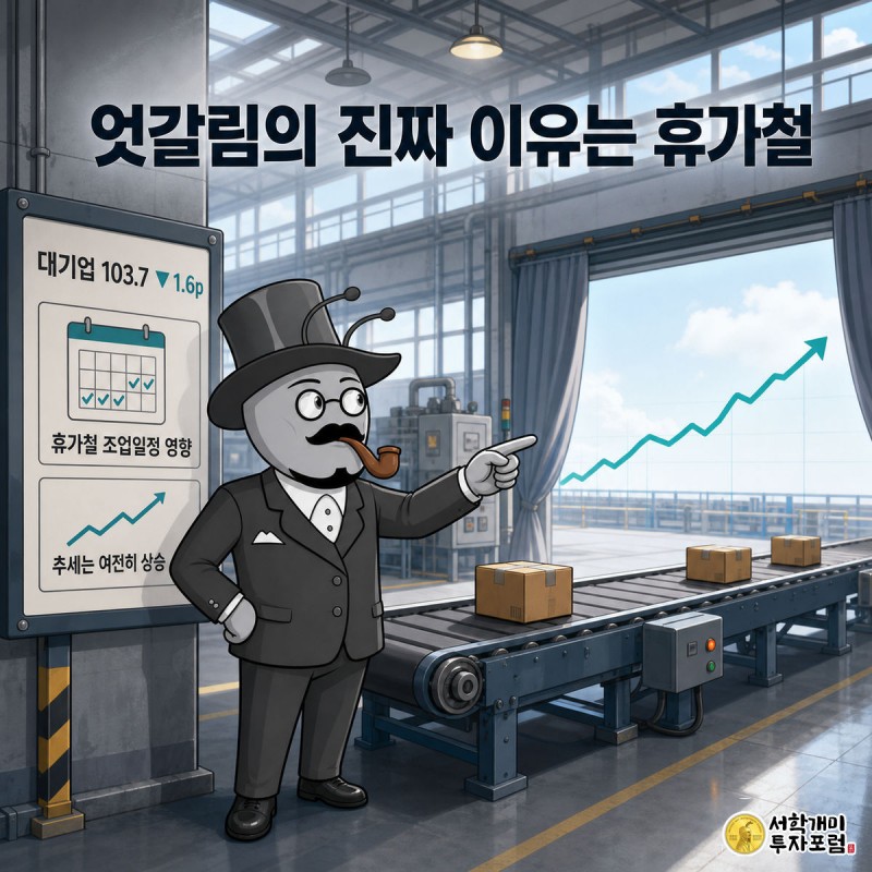 개미가 휴가철 조업 일정 안내판 옆에서 절반만 돌아가는 컨베이어 벨트를 가리키며 뒤쪽의 상승 추세선을 보고 안도하는 모습