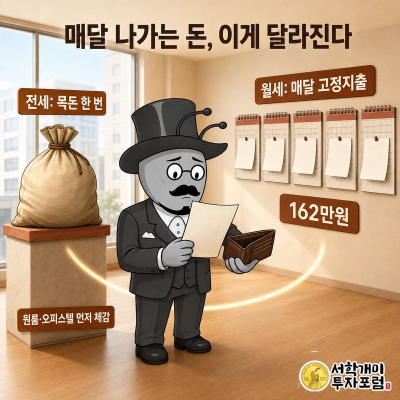 왼쪽은 목돈 한 번, 오른쪽은 달력마다 쌓이는 월세 고지서 더미를 받아 든 서민개미가 곤란해하는 그림