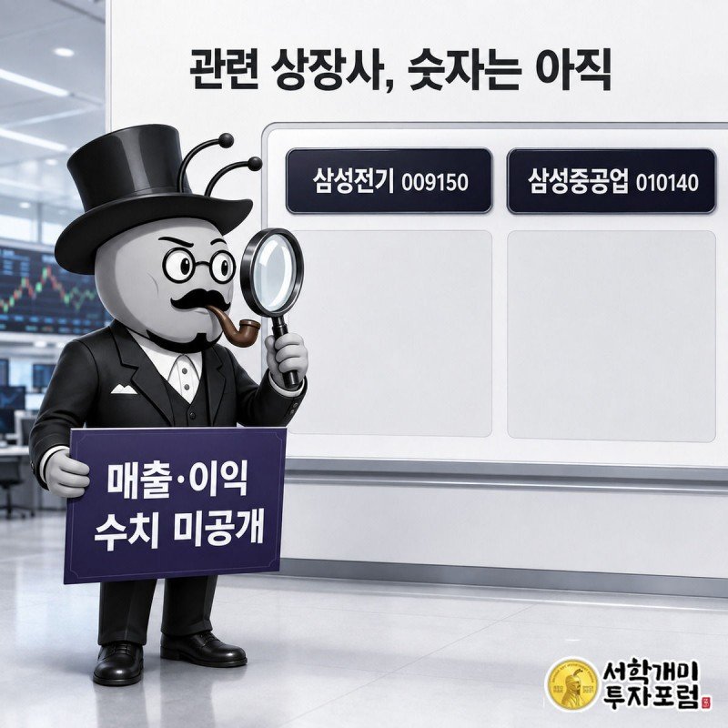 삼성전기·삼성중공업 티커가 뜬 시세판 앞에서 돋보기로 살피지만 실적 수치는 없어 낭패한 개미 그림