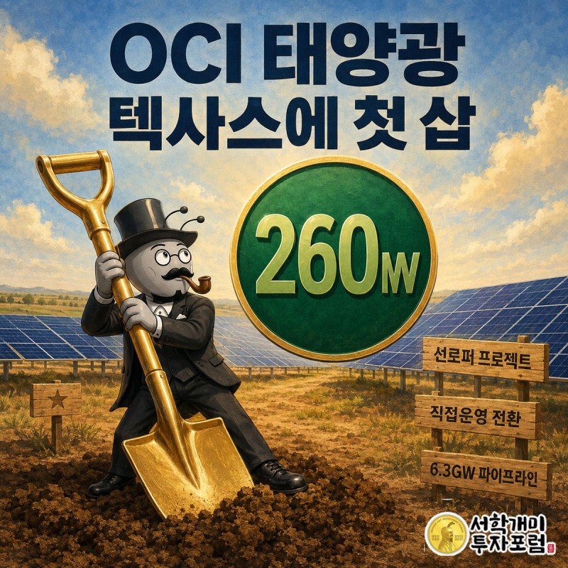 황금빛 텍사스 태양광 부지에서 부자개미가 의전용 삽을 땅에 꽂으며 260메가와트 규모 착공을 알리는 모습