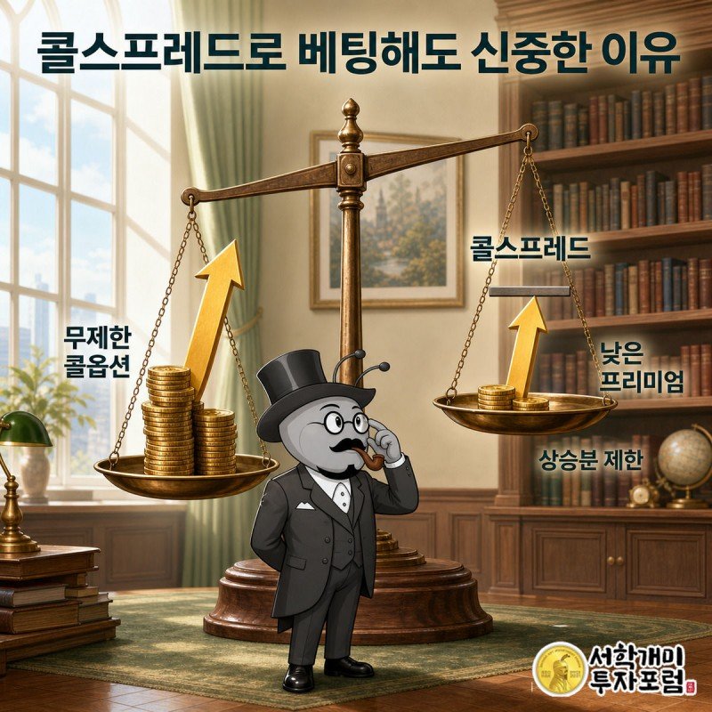 무제한 콜옵션과 상한이 있는 콜스프레드를 저울에 올려 비교하며 부자개미가 신중하게 살피는 이미지