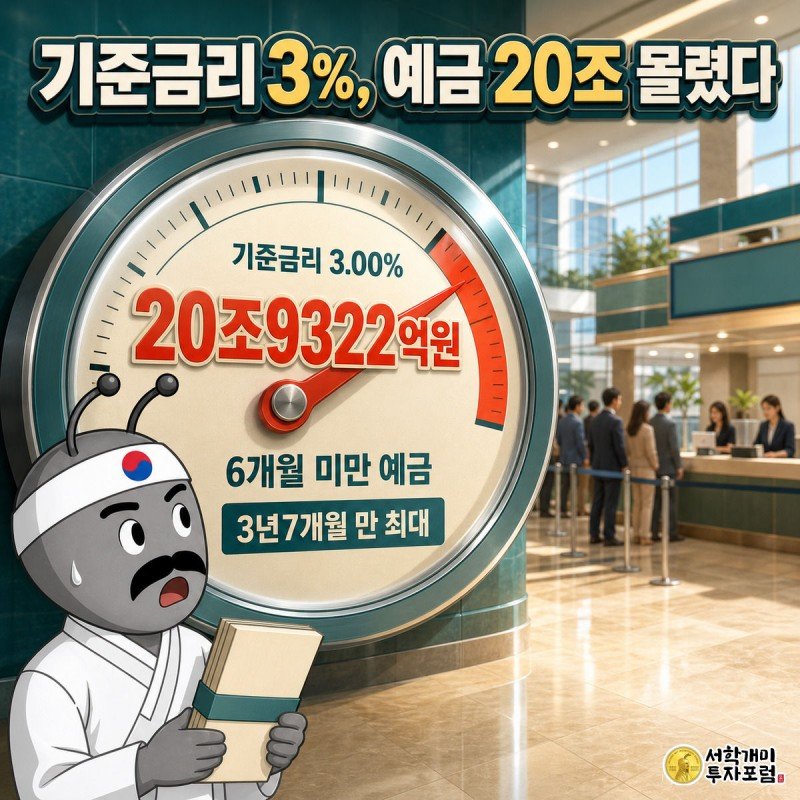 은행 창구에서 개미가 3.00%를 가리키는 금리 게이지를 놀란 표정으로 올려다보며 돈다발을 안고 있는 장면
