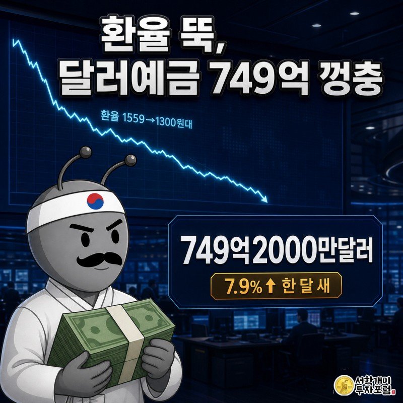 전광판에 원달러 환율이 1559원에서 1300원대로 급락하는 그래프가 떠 있고, 개미 캐릭터가 초록빛 달러 지폐 다발을 안고 득의양양한 표정으로 749억2000만달러라 적힌 데이터 위젯 옆에 서 있다