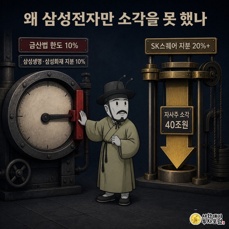 왼쪽 개미는 10% 한도 게이지에 막혀 당황하고 오른쪽 개미는 상한 없이 내려가는 소각 화살표 앞에서 안도와 씁쓸함이 섞인 표정을 짓는 대조 장면