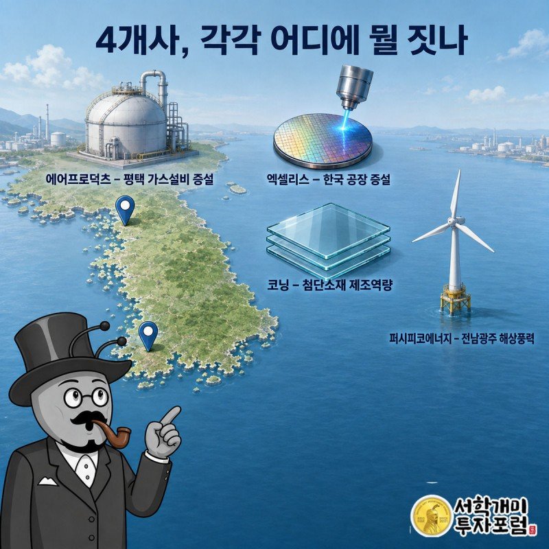 한국 지도 위 평택과 전남광주에 핀이 꽂히고 가스탱크·반도체·유리판·풍력터빈 아이콘이 떠 있으며 개미가 평택을 가리키는 그림