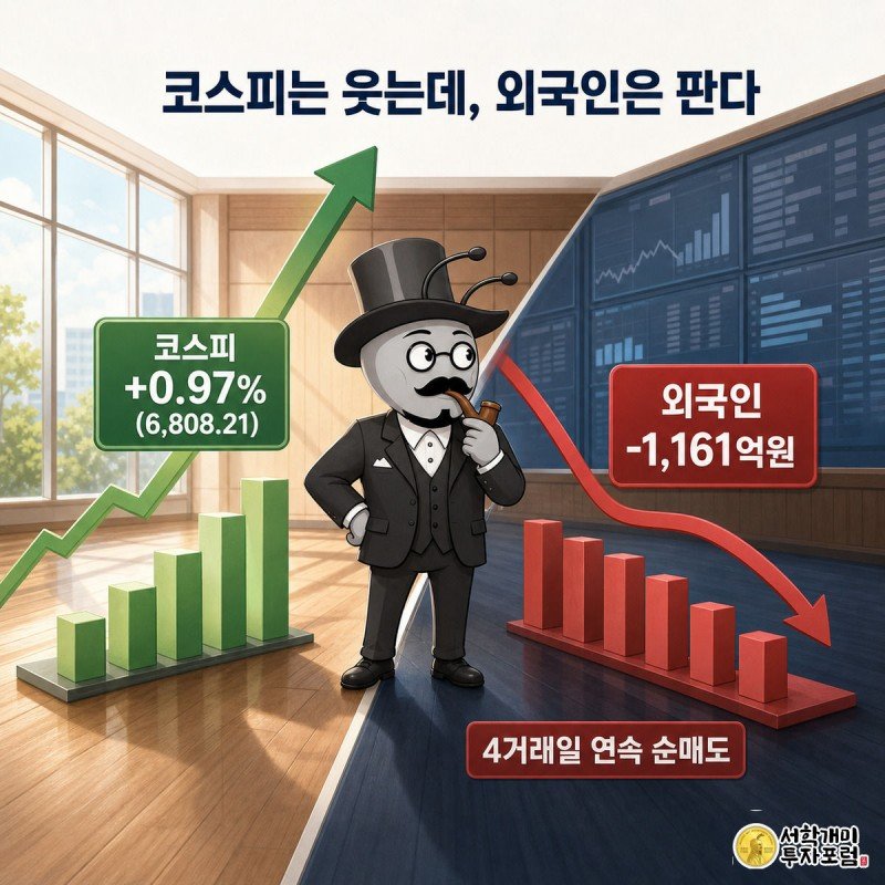 대각선으로 나뉜 화면에서 왼쪽엔 상승한 코스피 전광판, 오른쪽엔 외국인 매도 장면이 있고 개미가 당혹스러운 표정으로 둘을 번갈아보는 그림
