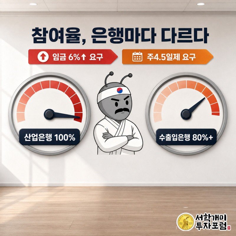 100%와 80%를 각각 가리키는 두 계기판 사이에서 개미가 팔짱을 끼고 비교하는 산업은행·수출입은행 참여율 비교 장면