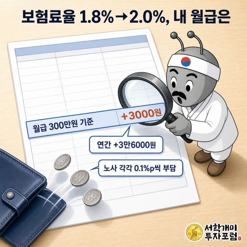 급여명세서의 고용보험료 항목이 늘어난 것을 돋보기로 확인하는 개미