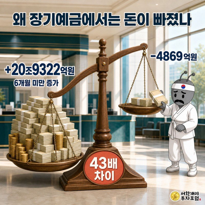 저울 왼쪽 6개월 미만 예금 접시는 돈더미로 크게 기울고 오른쪽 3년 이상 접시는 개미가 돈을 빼내 가벼워지는 장면