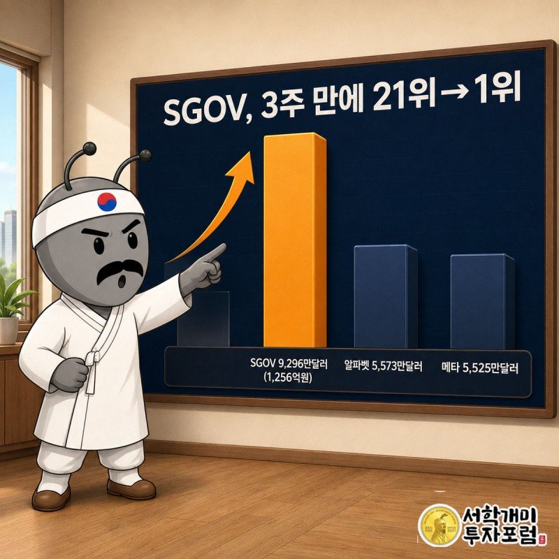 SGOV 막대가 순매수 순위 21위에서 1위로 급상승하는 전광판을 개미가 올려다보는 그림