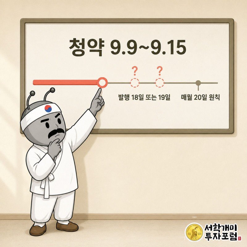 9월 청약 구간과 18일·19일 발행일을 표시한 달력을 개미가 손가락으로 짚어보는 모습