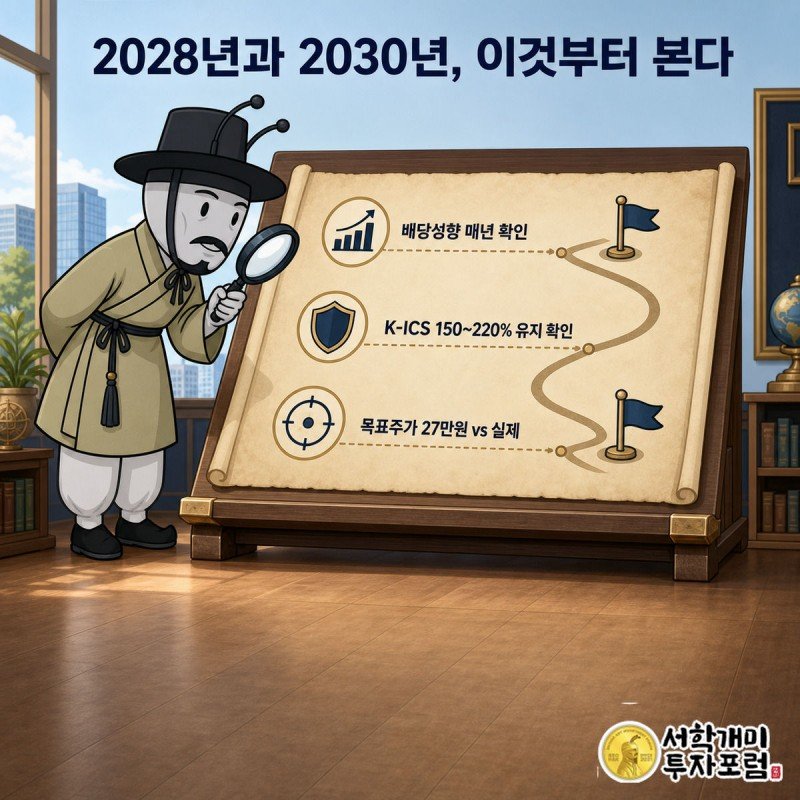 부자개미가 돋보기로 2028년과 2030년 깃발이 꽂힌 로드맵의 체크포인트를 살피는 그림