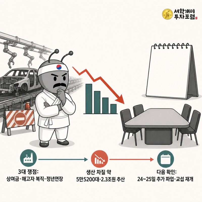 현대차 노사 쟁점과 생산 차질, 추가 파업·교섭 재개 확인점을 한 흐름으로 설명하는 동학개미 기자 일러스트