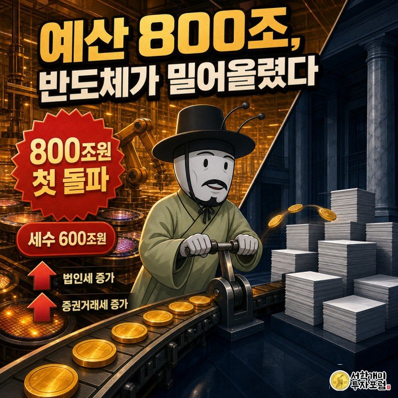 반도체 공장에서 나온 금화가 정부청사로 흘러가며 예산 800조원과 세수 600조원을 상징하는 장면