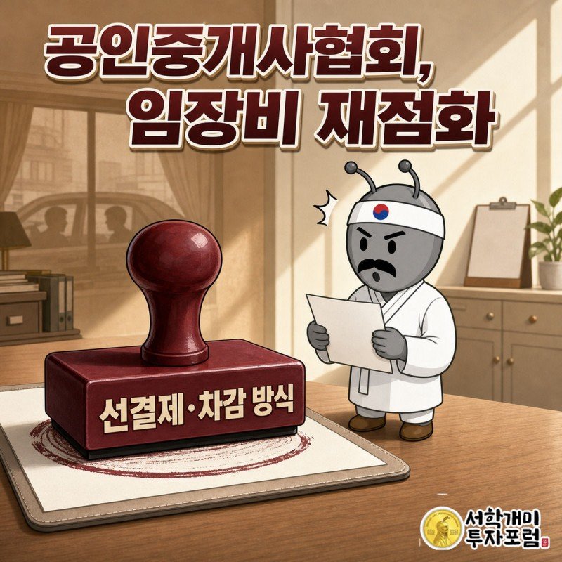 공인중개사협회 사무소를 좌우로 나눠 예전 무료 임장과 현재 유료 임장비 도입을 대비시킨 커버 삽화, 서민개미가 청구서를 든 채 놀란 표정을 짓는다