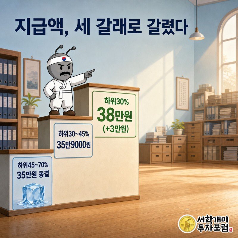 3단 계단 그래프 위에서 서민개미가 하위30% 구간의 38만원 팻말이 꽂힌 계단에 서서 다른 구간을 내려다보는 이미지