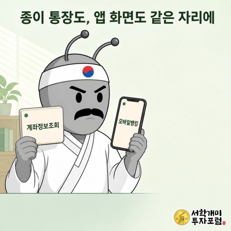 서민개미가 종이 통장과 스마트폰 계좌정보조회 화면을 나란히 들어 같은 위치의 예금보호 로고를 비교하는 모습