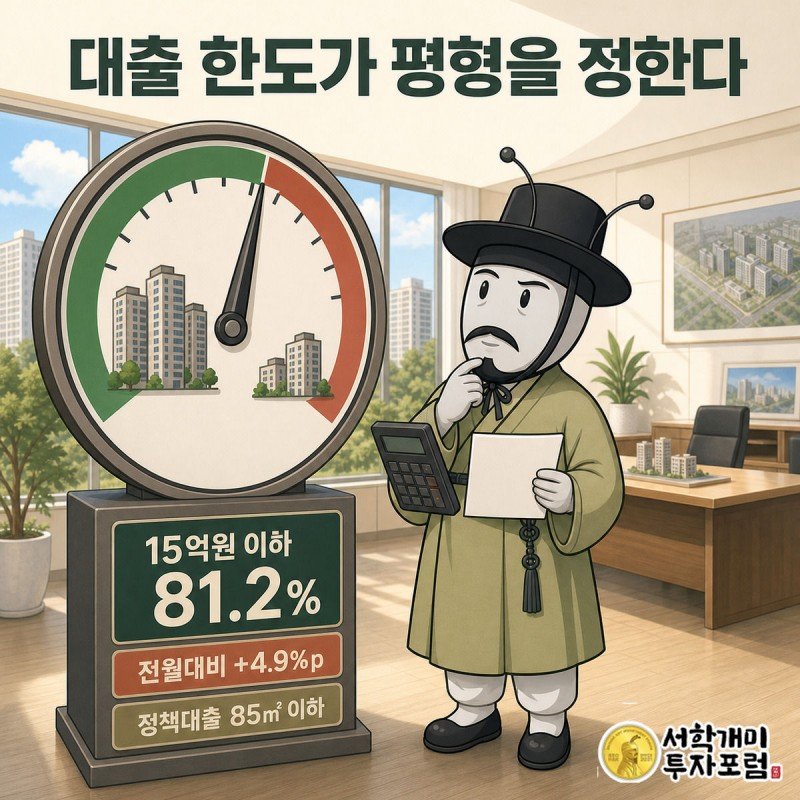 개미가 대출 한도 계기판 바늘이 15억원을 가리키는 것을 보며 84제곱미터와 104제곱미터를 저울질하는 모습