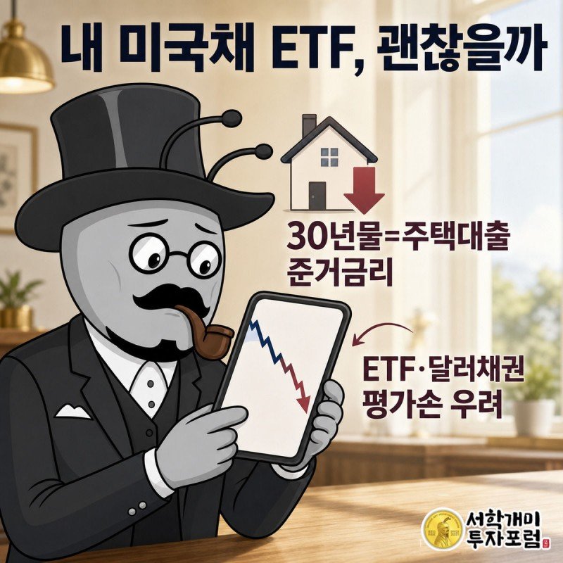 부자개미가 스마트폰으로 미국채 ETF 잔고를 확인하다가 30년물 5.272% 숫자와 붉게 흔들리는 집 아이콘을 보고 당혹스러워한다