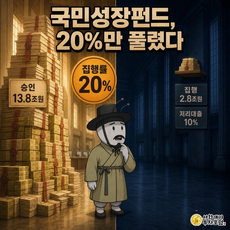 개미가 거대한 승인 자금 더미와 그에 비해 초라하게 쌓인 실제 집행 자금 더미 사이에 서서 낭패한 표정을 짓는 그림