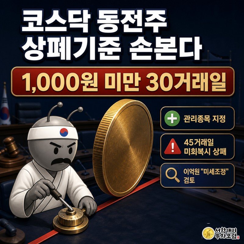 황동색 동전 모양의 코스닥 상장사가 상폐 기준선에 걸려 흑자 배지를 단 개미가 당혹해하고, 이억원 금융위원장 개미가 시가총액 기준 다이얼을 조정하는 모습