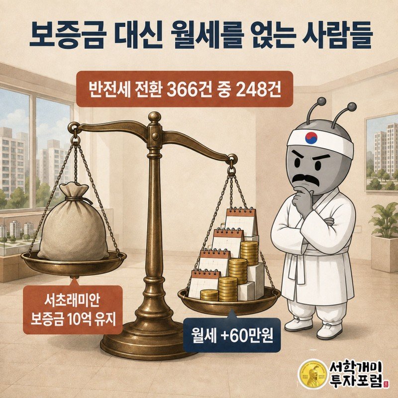 보증금 돈자루와 매달 쌓이는 월세 동전을 저울에 올려 비교하며 고민하는 서민개미