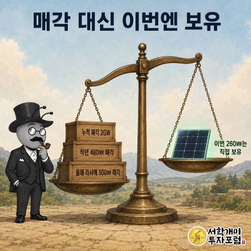 부자개미가 저울로 과거 매각 실적 더미와 이번에 직접 보유하는 260메가와트 패널을 견주어 보는 모습