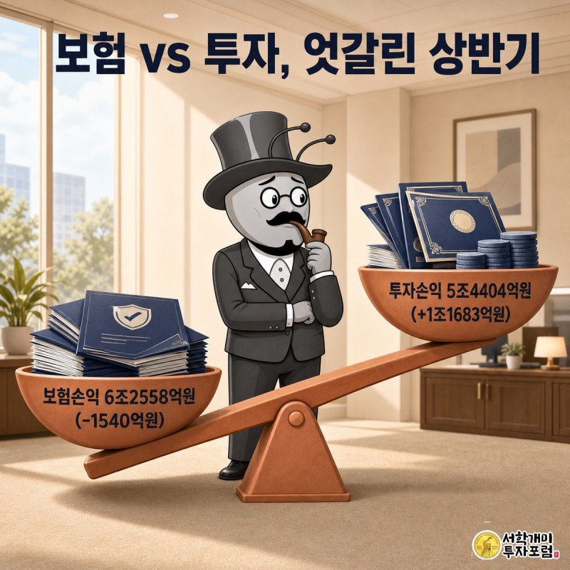 시소 양쪽에서 보험손익 접시는 가라앉고 투자손익 접시는 떠오르는 모습을 개미들이 보여준다