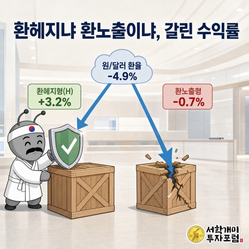 방패를 든 개미가 환율 하락 화살을 막아 나스닥100(H) 상자는 무사하고, 방패 없는 나스닥100 상자는 화살을 맞아 금이 간다
