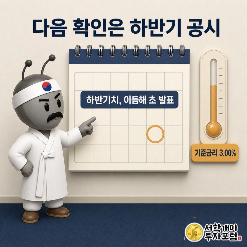 서민개미가 달력에서 이듬해 초 날짜를 가리키며 기준금리 3.00% 게이지를 함께 보는 그림