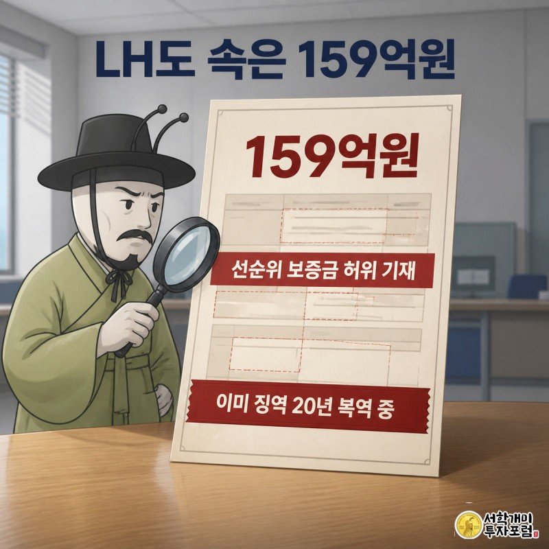 LH 계약서 위에 허위로 적힌 보증금 숫자를 개미가 돋보기로 의심스럽게 들여다보는 인포그래픽, 옆에 159억원 수치가 표시돼 있다.