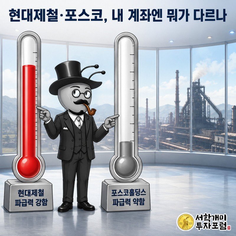 개미 캐릭터가 현대제철과 포스코홀딩스의 파급력 온도차를 두 개의 온도계 배지로 비교해 보여주는 그림