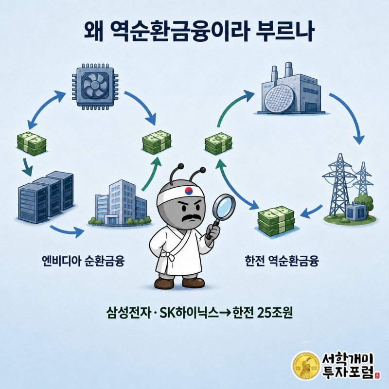 부자개미가 돋보기로 엔비디아식 순환금융과 방향이 반대인 역순환금융 고리를 비교하는 장면